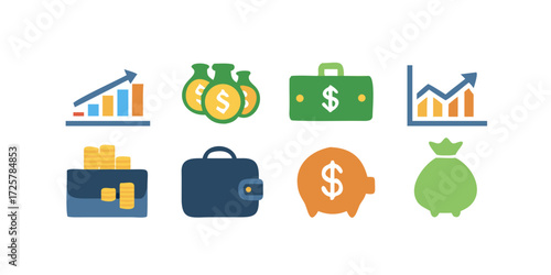Finance icons. Business Icons, money signs. Money silhouette collection. Wallet with cards icon. Coins silhouette icon. Growth chart. Moneybag or stash. Piggy bank flat style - stock vector .icon
