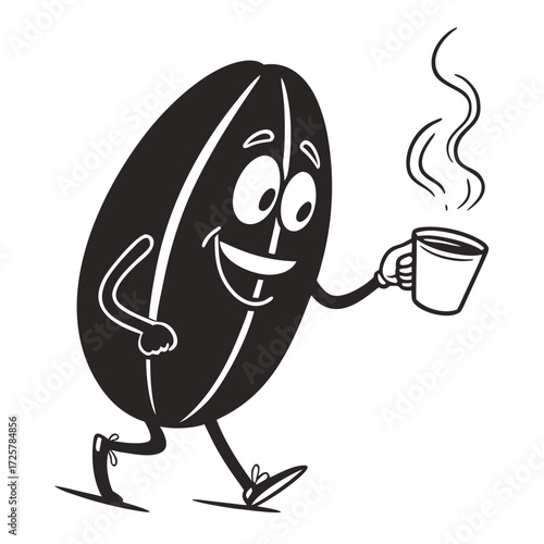 Coffee bean cartoon character walking with coffee cup morning coffee minimalist design black and white vector illustration