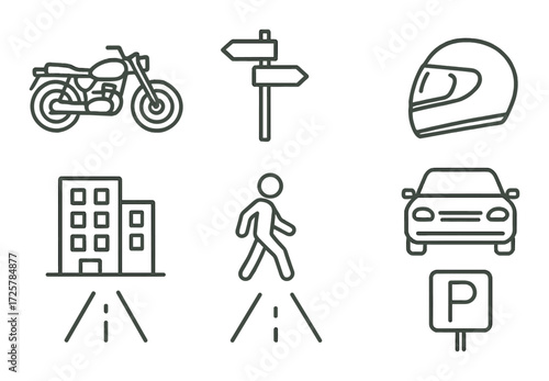 Traffic symbols including motorcycle and helmet on green background