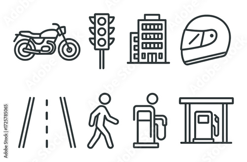 Transportation icons: motorcycle, traffic light, helmet, building, road, pedestrian, fuel pump
