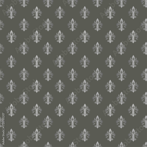 Regal Fleur-de-lis Splendour  Decorative Element pattern on Olive Gray Fabric