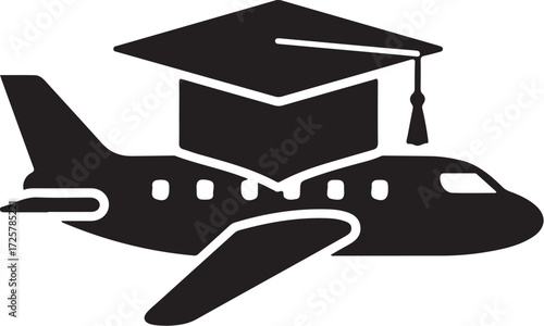 Vector art of a black and white vector graphic depicts an airplane with a graduation cap on top, symbolizing studying abroad and the pursuit of education in a foreign country, on
