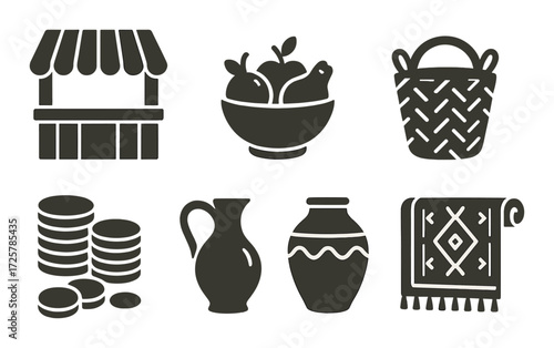 Vintage market icons - stall, basket, vase, fruits, coins, rug silhouettes