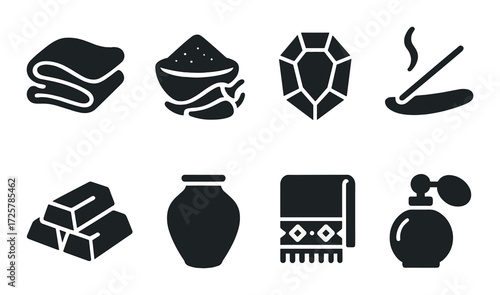 Minimalist icons: fabric, food, jewel, incense, gold, vase, textile, perfume