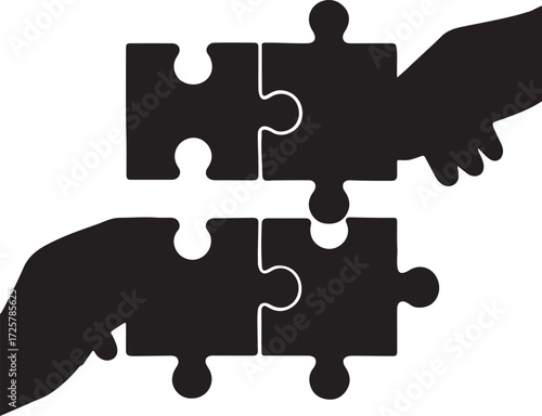 Collaboration and Teamwork Concept: Hands Connecting Four Jigsaw Puzzle Pieces in Black and White