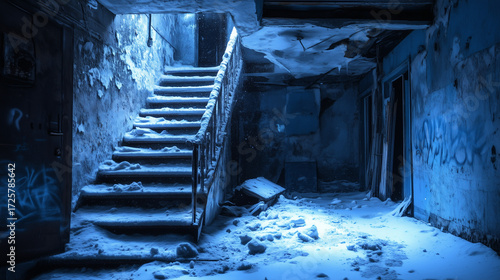 Snow-covered stairs in an abandoned, graffiti-covered building with blue lighting and decaying interior.