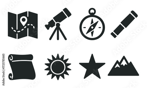 Adventure icons: map, telescope, compass, scroll, sun, star, mountains on gradient background