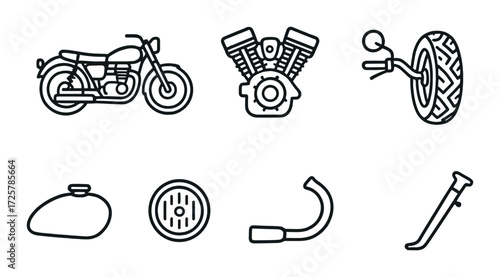 Motorcycle components illustration: engine, tire, exhaust, fuel tank, stand, brake disc