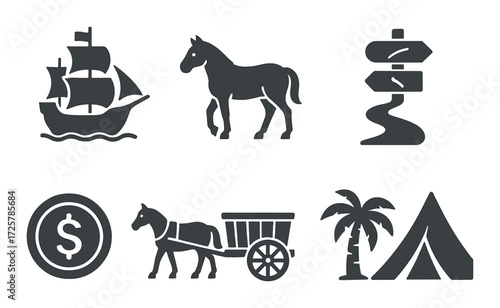 Vintage silhouette icons: sailing ship, horse, signpost, coin, cart, palm tree, tent on textured background