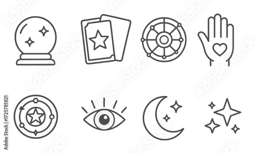Mystical symbols collection: crystal ball, tarot cards, zodiac wheel, palmistry, eye, moon, stars