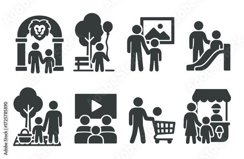 Minimalist icons representing family activities at parks and public spaces