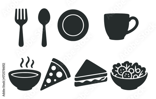Collection of dining icons featuring fork, spoon, plate, mug, soup, pizza, sandwich, and salad