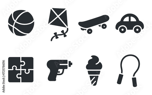 Silhouette icons of children's toys: ball, kite, skateboard, car, puzzle, toy gun, ice cream, jump rope