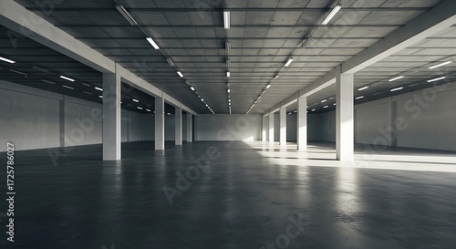 Empty warehouse interior featuring concrete floor and white pillars bathed in sunlight, creating a spacious and industrial atmosphere.