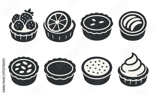 Stylized monochrome dessert icons featuring pies and tarts with various toppings