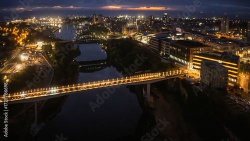 Aerial view of Keel Crossing towards Wearmouth Bridge at night