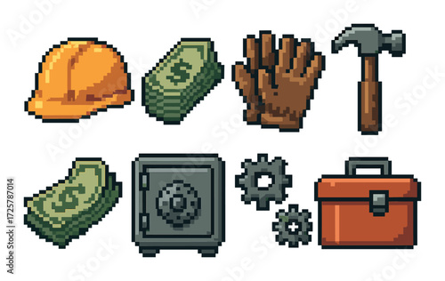 Pixel art: construction gear and tools with money and safe