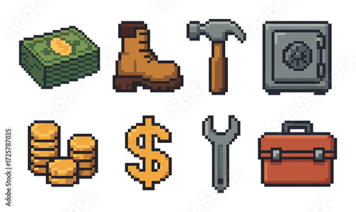 Colorful pixel art icons of tools, money, and safe on gradient background