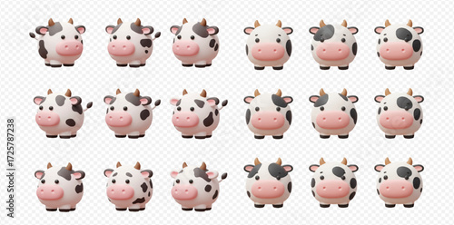 A collection of cute 3D rendered cartoon cows with black spots and pink snouts arranged in a grid.