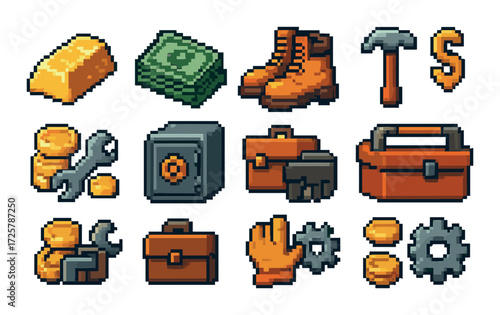 Pixel art icons: tools, money, gold, safe, security, economy, industry
