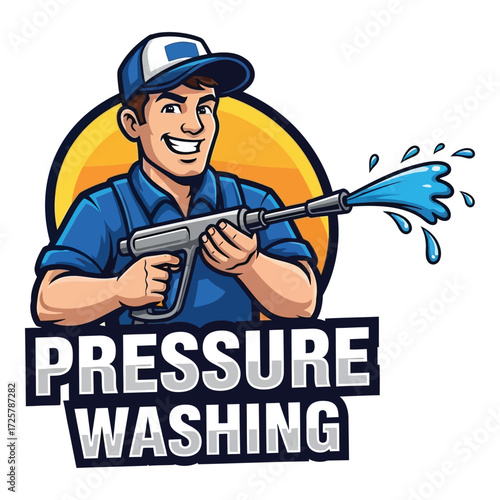 Smiling man with pressure washer spraying water for professional cleaning services business logo