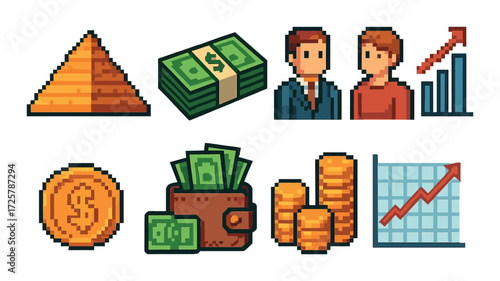 Retro pixel art of finance icons featuring money, graphs, wallet, pyramid