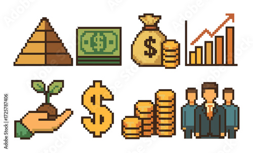 Pixel art financial icons: money, growth, business, currency, investment