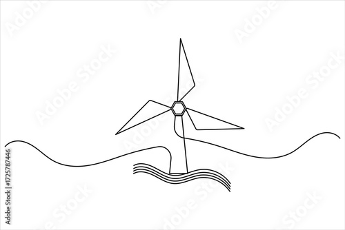 Minimalist one line drawing of a wind turbine symbolizing clean renewable energy and eco friendly design