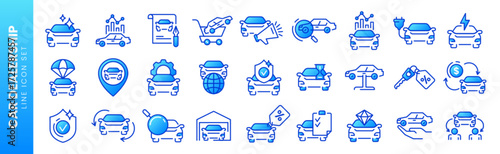 Editable stroke outline icons of car dealer. Auto sale dealership, automotive industry, vehicle trade center linear symbols. Automobile repair shop, rental service or transportation insurance icon set