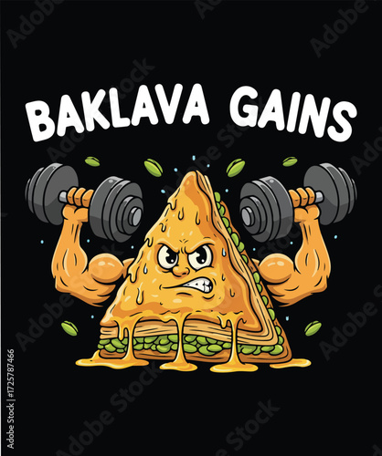 Funny Baklava Gains Fitness T-Shirt Design - Sweet Dessert Gym Workout Mascot Vector