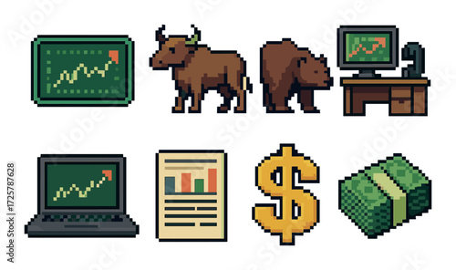 Pixel art financial icons: bull, bear, charts, dollar sign, money