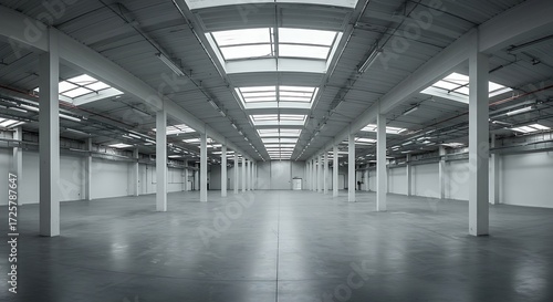 Empty warehouse interior showcasing vast space with concrete floor and skylights providing natural light, creating a sense of industrial minimalism.
