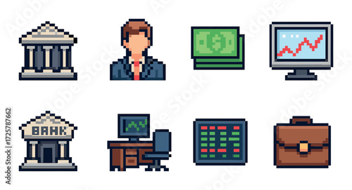 Pixel art financial icons with bank, money, stock market, and business themes
