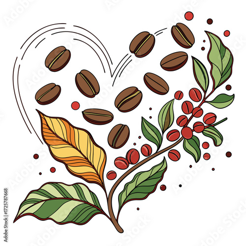 Coffee beans and plant forming a heart shape Vector illustration Coffee love concept Isolated on white background
