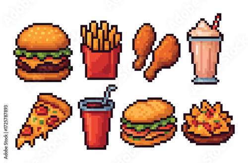 Pixel art fast food icons: burger, pizza, fries, chicken, milkshake, nachos
