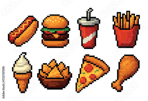 Pixel art fast food icons: burger, pizza, hot dog, fries, ice cream, nuggets, soda, drumstick
