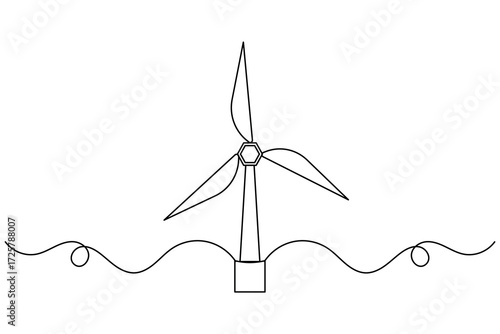 Minimalist one line drawing of a wind turbine symbolizing clean renewable energy and eco friendly design