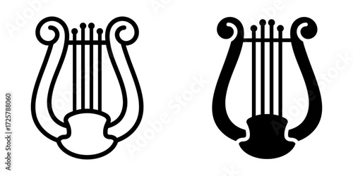 Lyre icon set. Two variations of a minimalist lyre graphic in black outline and black filled style, suitable for a wide range of design projects. Musical stringed instrument art.