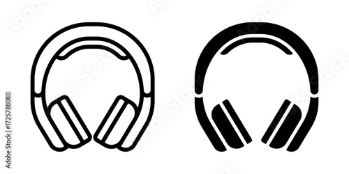 Headphone icon set. Minimalist black and white outline and glyph style headphone icon. Represents audio equipment, listening, and sound related concepts.