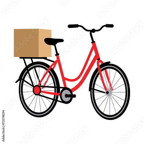 Red bicycle with a box on the rear rack in a minimalist style  