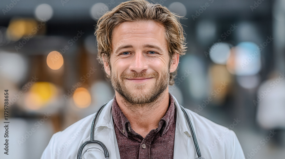 Fototapeta premium A man with a white coat and a stethoscope is smiling. He is a doctor. The image has a happy and friendly mood