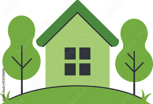 Charming green house surrounded by lush trees and rolling hills emblematic of eco-friendly living and sustainable architecture isolated on transparent background