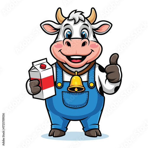 Happy cartoon cow in overalls holding milk carton giving thumbs up