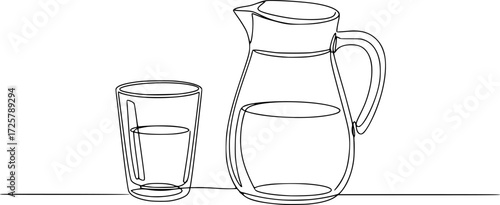 Continuous one line drawing of water pitcher glass. water jug in single line draw vector illustration, Milk jug line continuous drawing vector. One line Milk jug vector background.