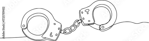 One Line Drawing of Open Handcuffs, Clean Design Representing Justice and Security, Handcuffs in one continuous line drawing. Symbol of police justice and jail prison concepr in simple linear style