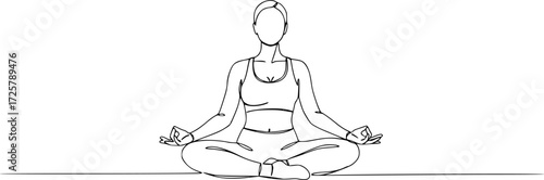 Woman sitting in lotus pose yoga. Continuous one line drawing, Women doing yoga one line drawing. Aerobic sport girl exercise for modern healthy lifestyle, women performing yoga line art.