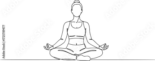 Woman sitting in lotus pose yoga. Continuous one line drawing, Women doing yoga one line drawing. Aerobic sport girl exercise for modern healthy lifestyle, women performing yoga line art.
