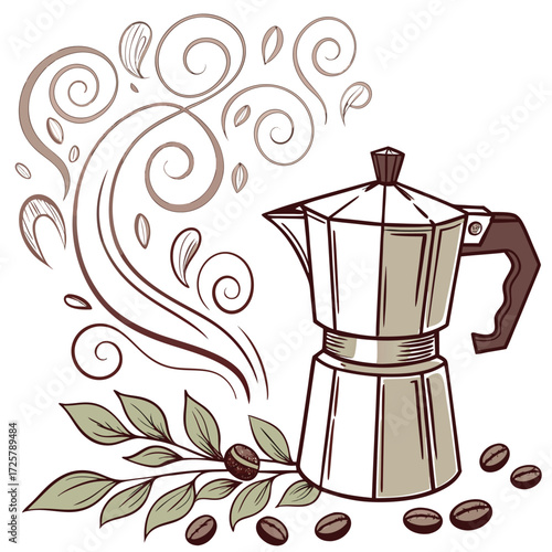 Moka pot coffee maker illustration with coffee beans and leaves Decorative design element Vector graphic Isolated on white background