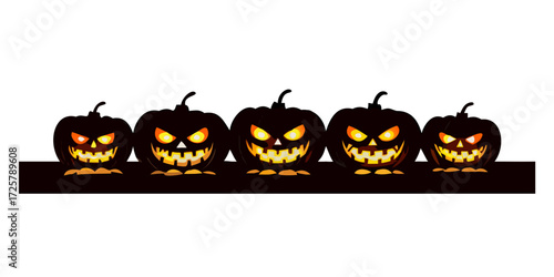 Row of glowing jack-o'-lanterns with evil grins and spooky carved faces, Halloween pumpkins in silhouette style. Bright orange light shining through the carvings, set against a white background