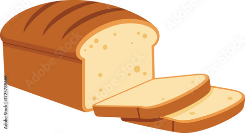 Freshly baked loaf of white bread with two slices cut revealing soft crumb perfect for sandwiches isolated on transparent background
